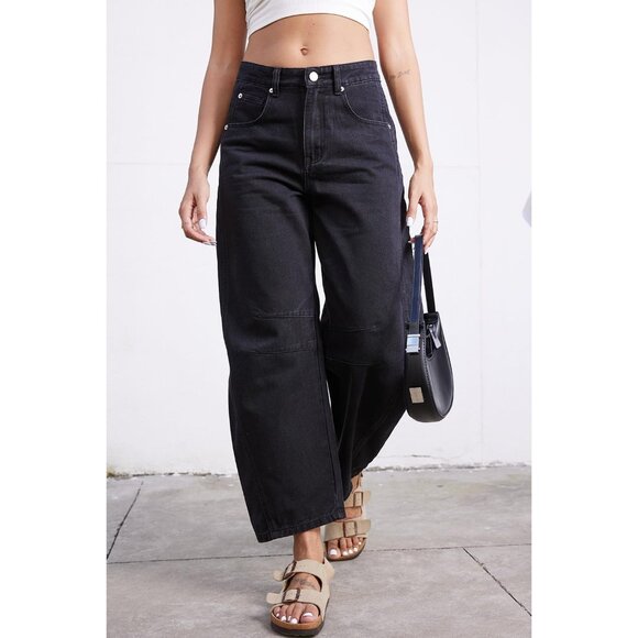 Women’s Baggy Wide Leg Mid Rise Cropped Denim Jeans with Pockets - Picture 5 of 7